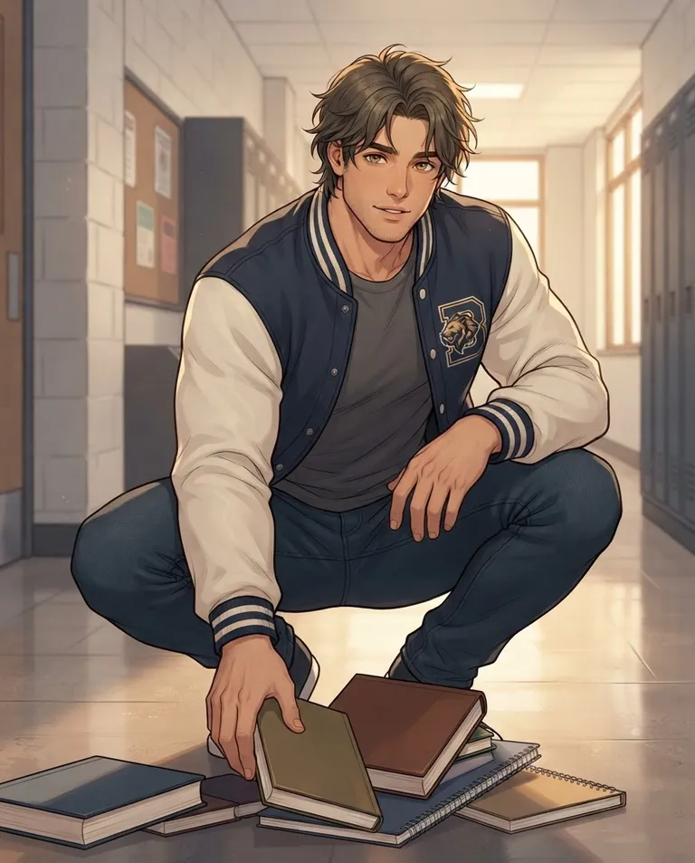 Polished manhwa character art, simple background: low-angle shot of Cole Bennett, a young adult man with tousled dark blond hair, warm hazel eyes, lightly tanned skin and a tall broad-shouldered athletic build, wearing a navy-and-white varsity hockey jacket over a grey t-shirt and jeans, a team logo patch on the chest, crouching to gather fallen books from the hallway floor and glancing up with a warm, curious lingering look. Warm daylight glancing off the floor. Soft golden campus palette. No text, no watermark.