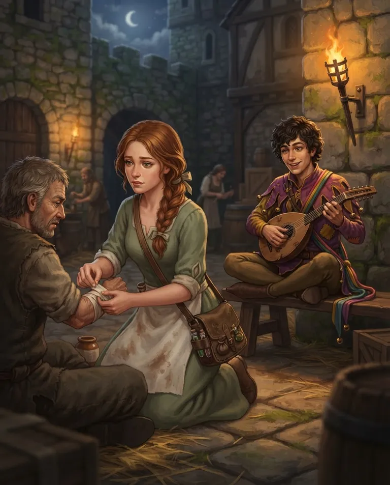 Western RPG fantasy illustration, simple background: over-the-shoulder shot of Rosalind, a young adult woman with auburn hair in a loose side braid and green eyes, fair skin, wearing a simple sage-green gown with a white linen apron, a leather healer's satchel across her shoulder, her face soft with gentle concern as she tends a wounded villager beside Pazzo, a young adult man with tousled dark curls and hazel eyes, slim wiry build, wearing a purple-and-gold motley jester's tunic with tiny brass bells, a small lute slung on his back, wearing a warm playful grin as he strums to lift the mood in a torchlit castle courtyard. Warm flickering lantern light. Cozy amber-and-green palette. No text, no watermark.