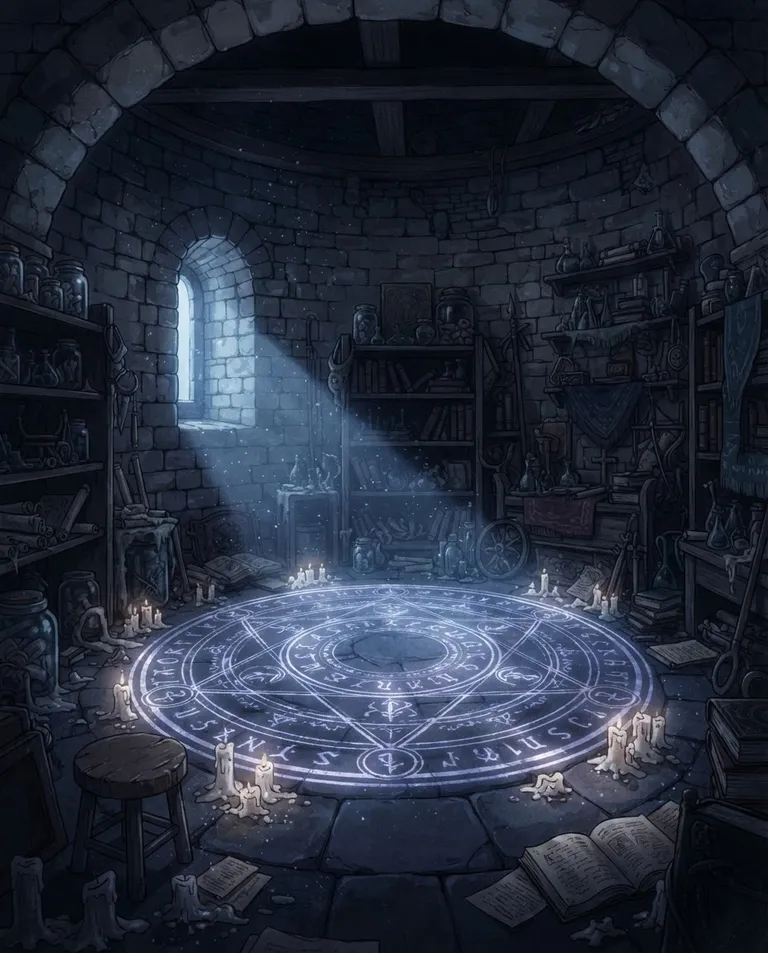 Modern anime key visual, simple background: wide establishing shot of a shabby round tower room turned ritual chamber, a large chalk summoning circle glowing faintly on worn flagstones, melted candles ringing it, cluttered shelves of jars and scrolls, a narrow window letting in a shaft of moonlight through drifting chalk dust. Fading pale magical light against deep shadow. Quiet, hopeful indigo-and-silver palette. No text, no watermark.