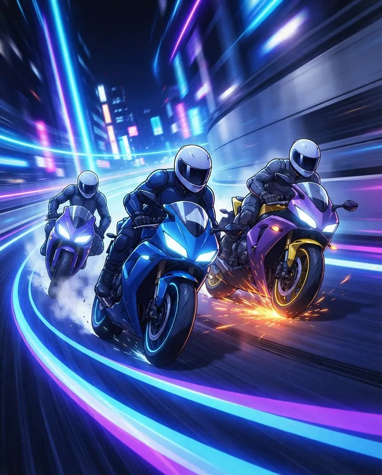 Modern anime key visual, simple background: low dynamic action shot of three young adult riders leaning hard into a banked curve at speed, their bikes dragging long ribbons of colored light down an illuminated lane, sparks flying where two machines trade contact, every fairing and helmet smooth, blank, and unmarked. Streaking neon motion light. Ferocious, high-velocity, blue-and-violet palette with hot orange sparks. No text, no letters, no numbers, no writing anywhere in the image, no watermark.