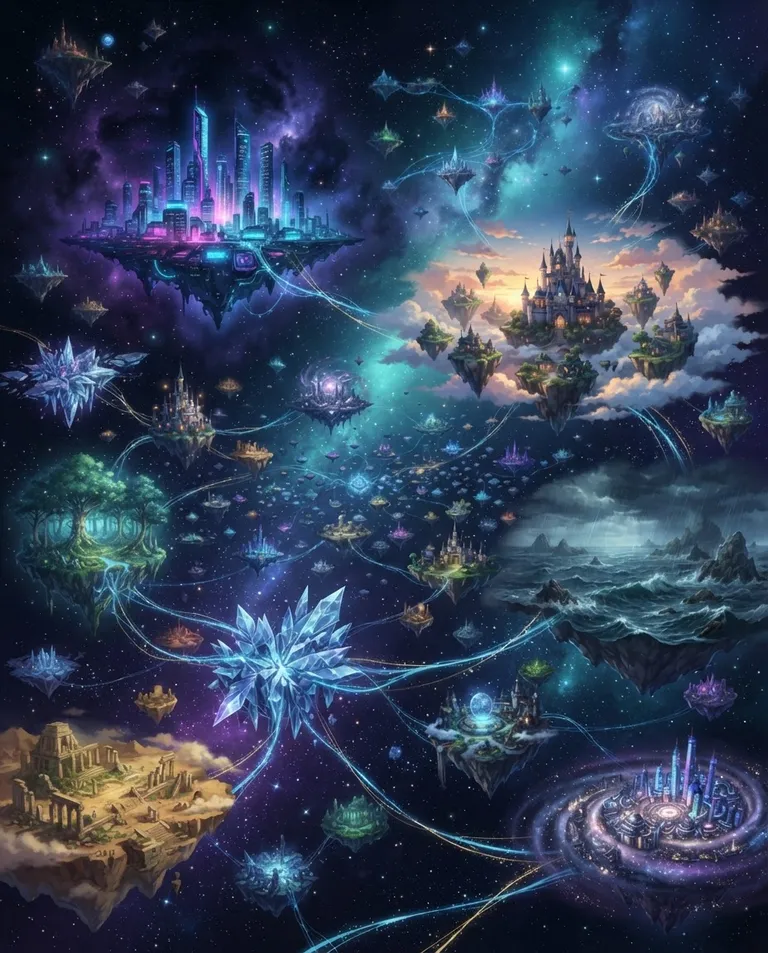 Modern anime key visual, simple background: wide establishing shot of a vast multiverse of floating worlds drifting in deep space, each a different realm — a neon sci-fi city, a fantasy castle, a stormy ocean world — linked by threads of light. Soft cosmic backlight and scattered stars. Epic, infinite-possibility mood, deep violet and teal palette. No text, no watermark.