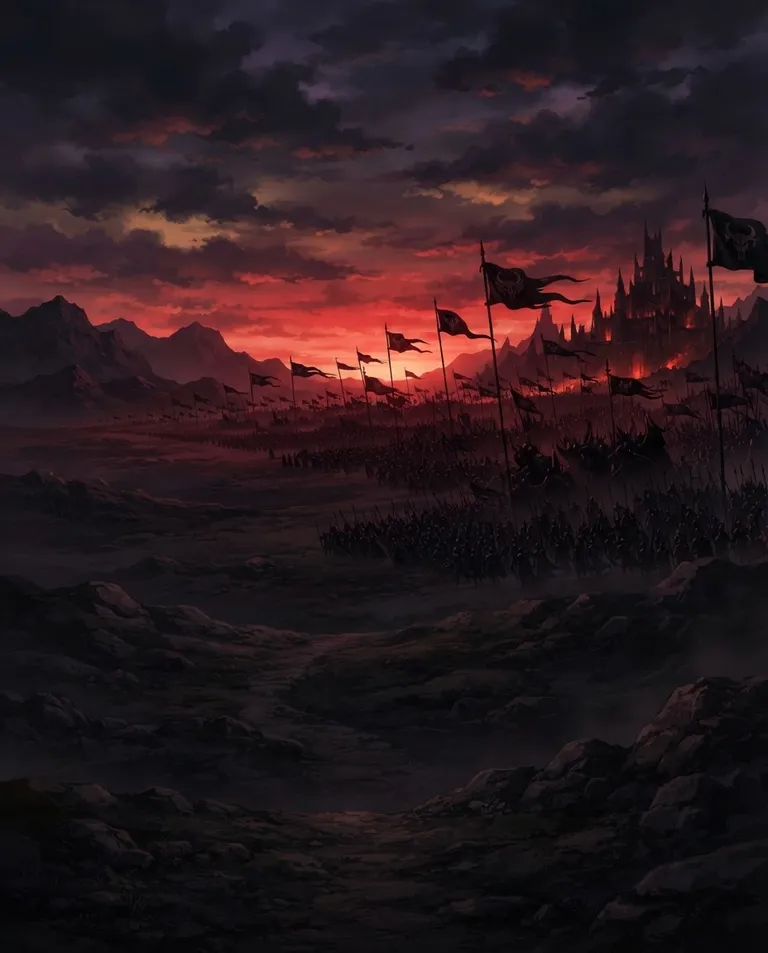 Modern anime key visual, simple background: wide establishing shot of a vast dark army massing on a distant blood-red horizon far to the south, black banners and endless ranks marching from the shadowed kingdom of Practumis toward brighter lands. Ominous dusk light with a bruised sky. Menacing crimson-and-black palette, a mood of gathering war. No text, no watermark.
