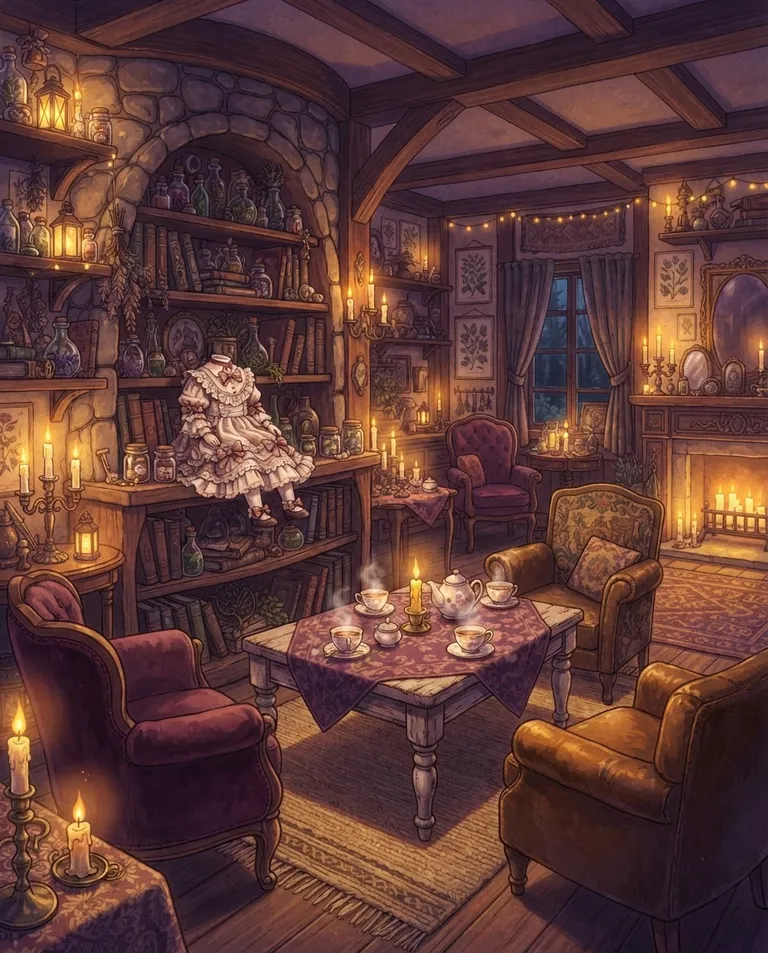 Modern anime key visual, simple background: wide establishing shot of a warm eccentric cottage parlor, mismatched armchairs gathered around a low tea table set with steaming cups, crooked shelves crowded with curios where a headless porcelain doll in a frilly dress sits primly, candles glowing on every surface. Cozy golden candlelight with soft violet shadows. Whimsical macabre honey-and-plum palette. No text, no watermark.
