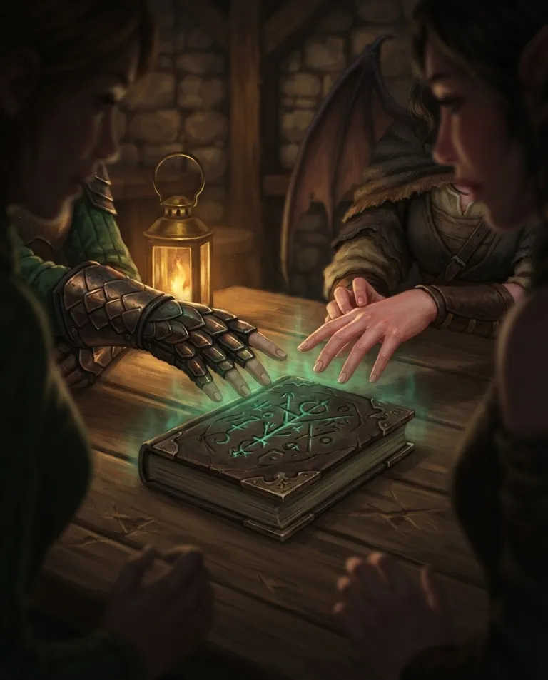 Western RPG fantasy illustration, simple background: close shot of a scaled gauntlet of a young adult dragon knight woman and the soft hand of a winged succubus bard woman in modest traveling clothes both hesitating above the ancient tome on the wooden table, its cover carved with glowing wordless sigils, other young adult women's silhouettes leaning in around the table edge. Cold green glow rising between warm lantern shadows. Tense, curious jade-and-bronze palette. No text, no letters, no numbers, no writing anywhere in the image, no watermark.