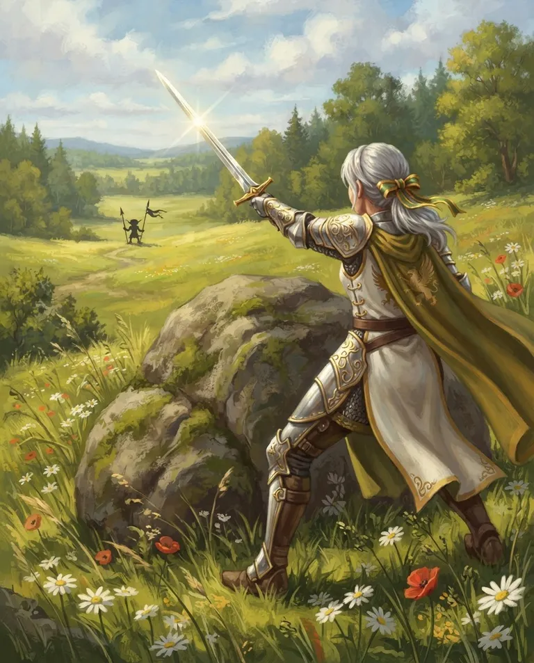 Western RPG fantasy illustration, simple background: over-the-shoulder shot from behind a silver-haired young adult paladin woman in pristine unscratched armor crouched safely behind a boulder, dramatically pointing her gleaming sword toward a distant goblin silhouette across a meadow while clearly not moving an inch, wildflowers bending in the breeze around her hiding spot. Bright cheerful afternoon sun. Comedic mock-heroic green-and-gold palette. No text, no watermark.