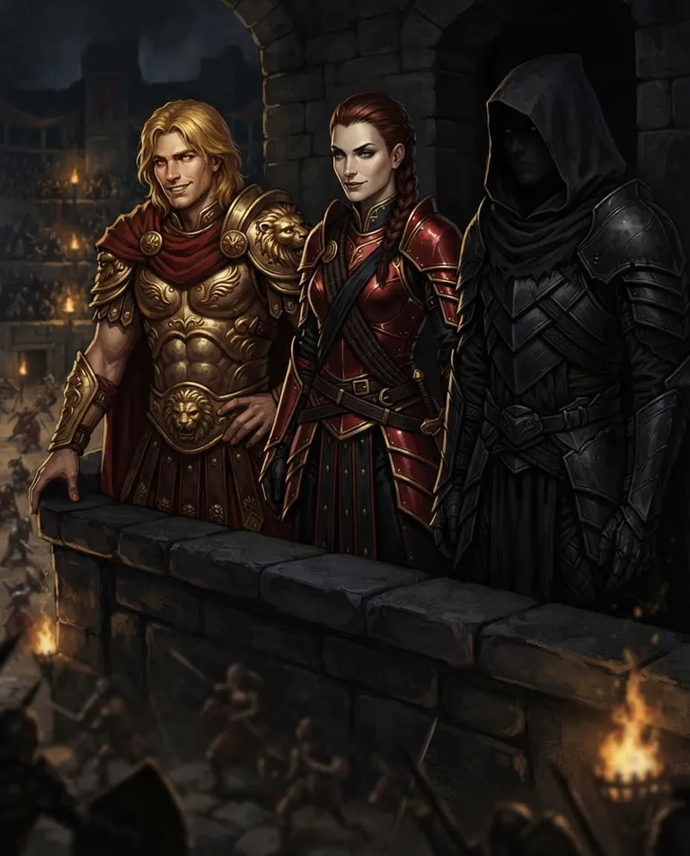 Western RPG fantasy illustration, simple background: waist-up shot of the three champions watching side by side from their raised balcony — Sol, a mid-20s man with sun-gold shoulder-length hair, bright amber eyes, an athletic build, wearing ornate golden gladiator armor with a crimson cape; Verena, a late-20s woman with sleek dark-auburn hair in a tight braid, green eyes, a tall build, wearing crimson-and-black lacquered armor with a strategist's sash; and Umbra, a tall hooded figure of hidden age with obscured features under a black cowl, pale eyes, a lean build, wearing matte-black shadow-plated armor and a dark cloak — looking down at the arena floor: Sol flashing a broad showman's grin, Verena wearing a cool, calculating half-smile, Umbra silent and unreadable beneath his cowl. Cold torch-lit rim light from below. Imposing, watchful, dark-gold-and-shadow palette. No text, no watermark.
