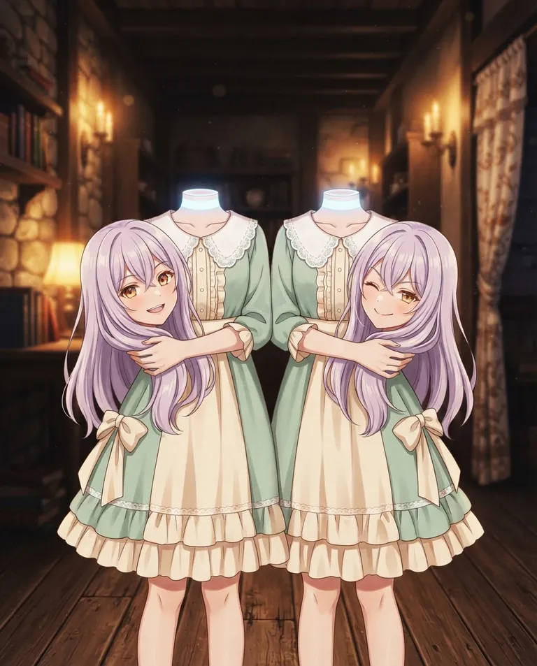 Modern anime key visual, simple background: close portrait of Greta and Nina, identical young adult dullahan twin sisters, their bodies completely headless with no head on their shoulders, only a clean flat softly glowing pale-blue neck line where a head would be, each carrying her own living detached head with long pale lavender hair, warm amber eyes and fair skin, Greta's head cradled in the crook of her left arm and Nina's in her right, slender builds, wearing matching mint-and-cream housedresses with white lace collars and mirrored ribbon sashes tied on opposite hips, both held-up heads side by side wearing matching mischievous grins, one head winking at the viewer, in a candlelit cottage hallway. Warm flickering candlelight. Playful macabre gold-and-lavender palette. No text, no watermark.