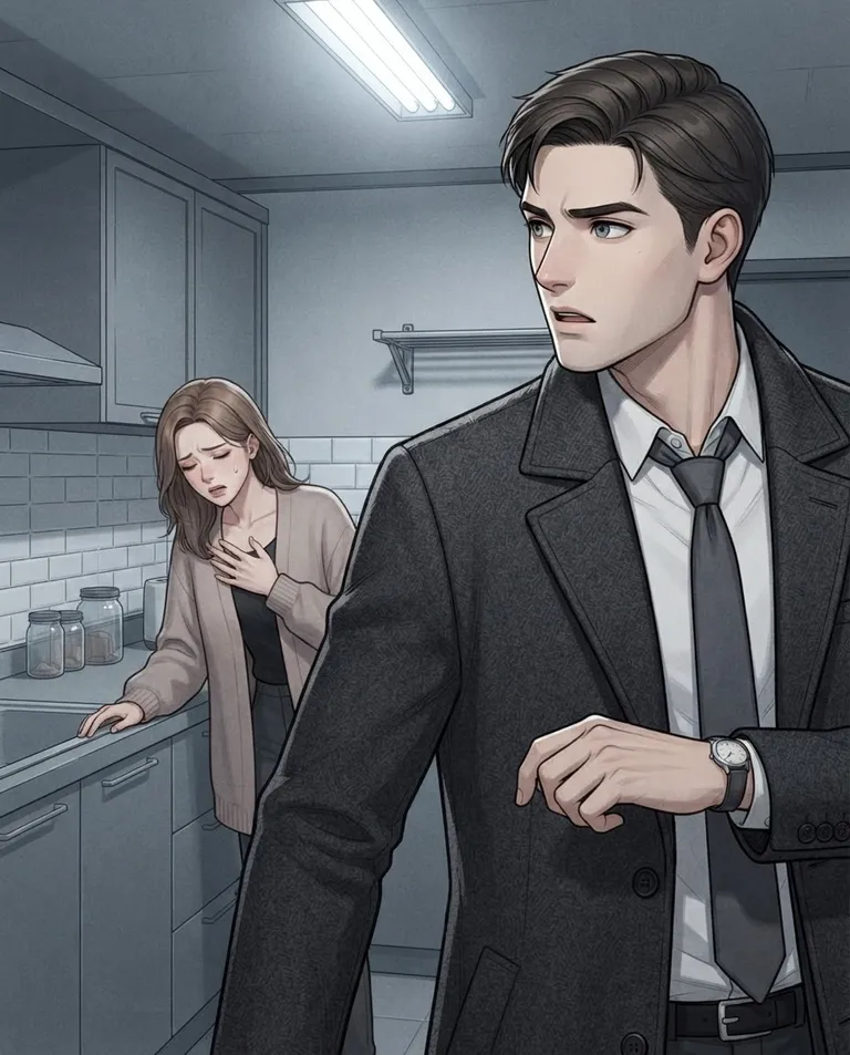 Polished manhwa character art, simple background: over-the-shoulder shot of Thomas Reed, a man in his early thirties with short dark brown hair combed neatly back, grey eyes, tall lean athletic build and fair skin, wearing a charcoal wool overcoat over a white dress shirt with a loosened dark tie, a slim silver wristwatch, half-turning as a young adult woman in a soft cardigan presses a hand to her chest in pain across the room, his face flickering with the first trace of a surgeon's alarm. Harsh overhead kitchen light. Tense grey palette with a sudden note of concern. No text, no watermark.