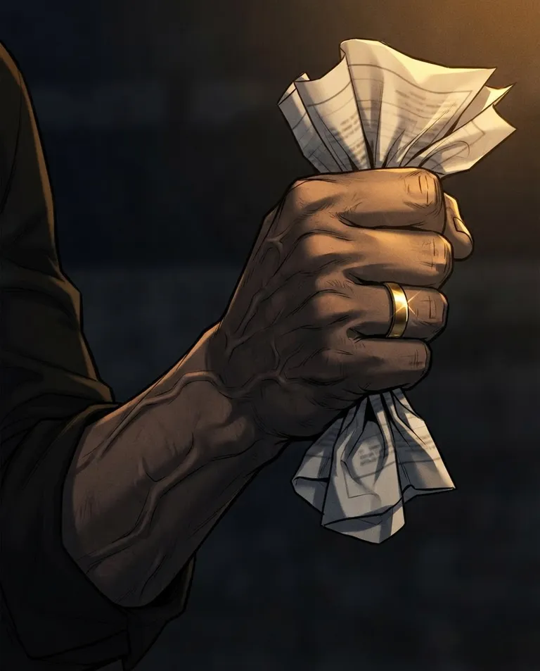 Polished manhwa character art, simple background: close detail shot of a man's clenched fist crushing a folded set of hospital pregnancy papers, a gold wedding band catching the light, veins standing out with the force of his grip. Harsh single porch light. High-contrast amber-and-black palette, a mood of unbearable tension. No text, no watermark.