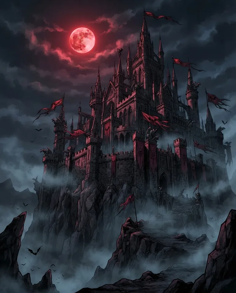 Polished manhwa character art, simple background: low-angle wide shot of a towering gothic vampire castle on a cliff under a blood-red moon, spires and gargoyles wreathed in mist, crimson banners along the ramparts. Eerie red moonlight and cold fog. Foreboding gothic mood, black and blood-red palette. No text, no watermark.