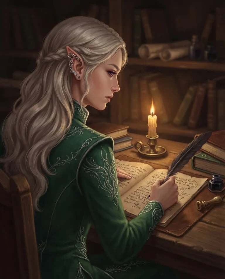 Western RPG fantasy illustration, simple background: over-the-shoulder shot of Sylvara Enweth, a young adult elven woman with long silver-blonde hair swept over one shoulder, deep-violet eyes, fair skin and slender graceful build, wearing a fitted deep-green scholar's robe with silver thread trim and a high collar, a delicate silver ear cuff on one pointed ear, marking corrections on a page of manuscript with her quill, focused and gently absorbed. Warm candlelight glow. Intimate scholarly amber palette. No text, no watermark.
