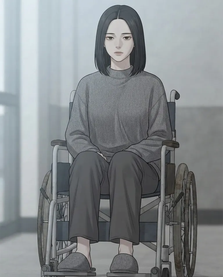 Polished manhwa character art, simple background: close portrait of a young adult woman with ash-black hair cut bluntly at the jaw and parted in the center above a bare forehead with no fringe, flat dark brown eyes, pale washed-out skin and a thin frame, wearing a shapeless grey knit sweater over loose charcoal trousers and thin house slippers, seated in a plain steel manual wheelchair with worn rubber hand rims, gaze steady and unreadable with a weight of old guilt held far behind the eyes, pale daylight flattening her features. Cold overcast window light. Drained grey-and-ash palette with almost no warmth. No text, no watermark.