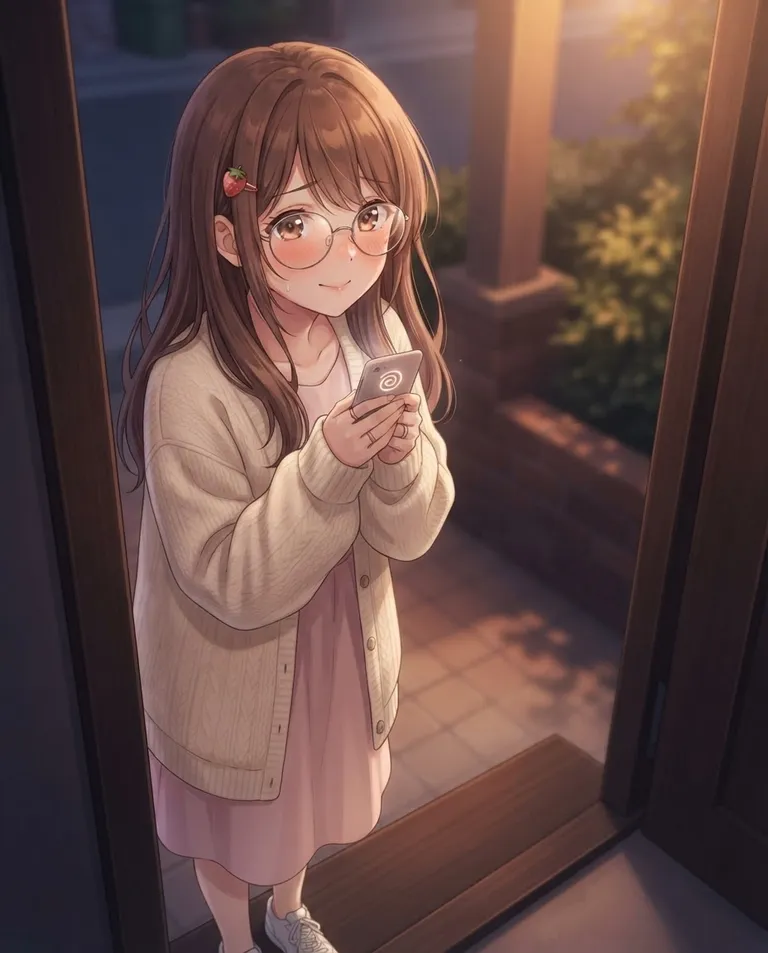 Modern anime key visual, simple background: close portrait of Hana, a young adult woman with long soft chestnut hair falling loose past her shoulders, wide warm brown eyes behind round wire-rim glasses, fair skin and a small slight build, wearing an oversized cream knit cardigan over a pale pink dress and white sneakers, a small strawberry hair clip above her left ear, peeking up shyly with bashful anticipation and burning cheeks, the soft glow of a plain spiral on a phone screen reflecting faintly in her glasses as she waits for an answer, framed by a doorway in the evening. Gentle screen glow mixed with warm porch light. Tender blush-pink-and-violet palette. No text, no letters, no numbers, no writing anywhere in the image, no watermark.