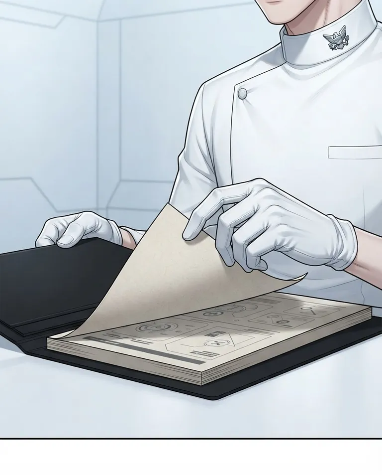 Polished manhwa character art, simple background: close shot of the gloved hands of The Examiner, a young adult man with short black hair combed back with immaculate precision, pale grey eyes, fair skin and a tall slim build, wearing a crisp high-collared white clinical uniform coat buttoned to the throat and thin white gloves, a small steel state insignia pinned at his collar, turning a page of an open file with detached unhurried precision above a spotless white desk. Hard even clinical light. Cold procedural white-and-grey palette. No text, no letters, no numbers, no writing anywhere in the image, no watermark.