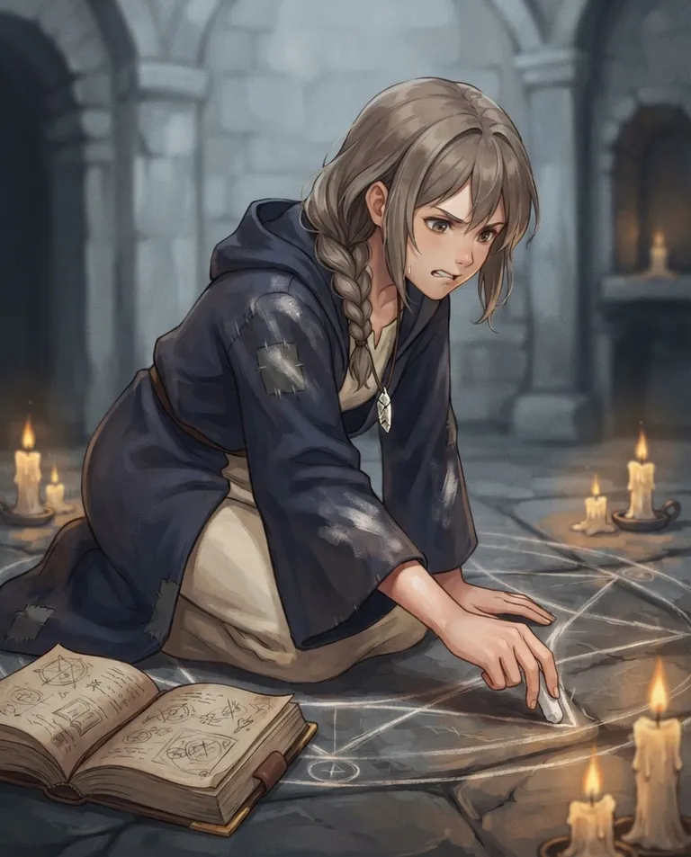 Modern anime key visual, simple background: over-the-shoulder shot of Liria, a young adult woman with ash-brown hair in a loose braid coming undone, wide hazel eyes, fair skin and a small slight build, wearing patched midnight-blue apprentice mage robes dusted with white ritual chalk over a cream tunic, a cracked crystal pendant on a leather cord, kneeling on a stone floor and biting her lip as she retraces faded chalk lines of a great circle with a worn stub of chalk, candle stubs and an open leather-bound tome scattered around her. Low warm candlelight against cold stone. Earnest, scrappy amber-and-slate palette. No text, no letters, no numbers, no writing anywhere in the image, no watermark.