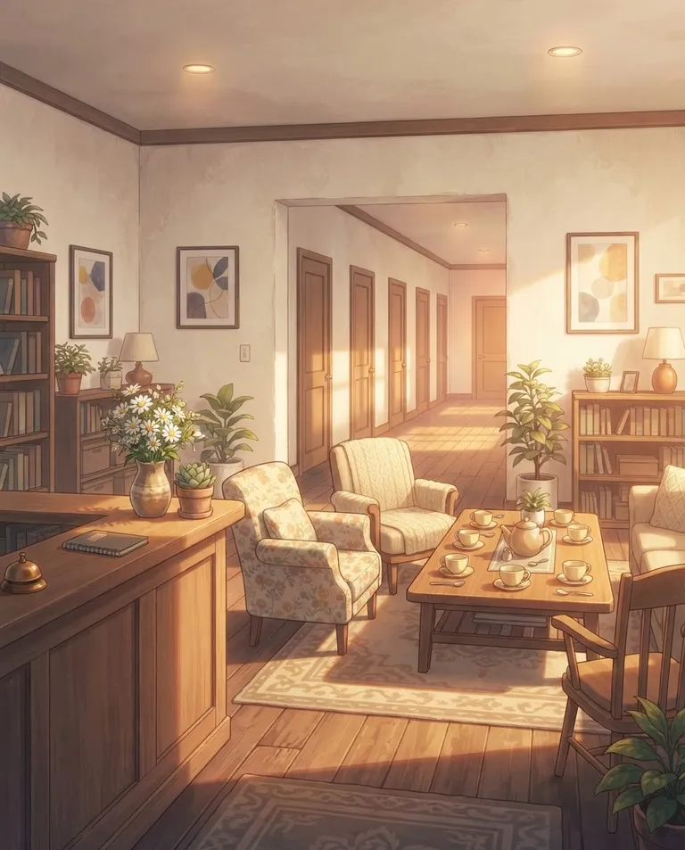 Modern anime key visual, simple background: wide establishing shot of a warm cafe-like foster center interior, an empty wooden reception counter with a small bell and a vase of daisies, mismatched armchairs and a long tea table set with seven cups, sunlight pooling on a rug, a hallway of seven completely bare unmarked doors trailing into soft light, every wall and surface free of signs or lettering. Warm late-afternoon glow. Full-bleed composition filling the entire frame edge to edge, no borders or letterbox bars. Homey, inviting amber-and-cream palette. No text, no letters, no numbers, no writing anywhere in the image, no watermark.