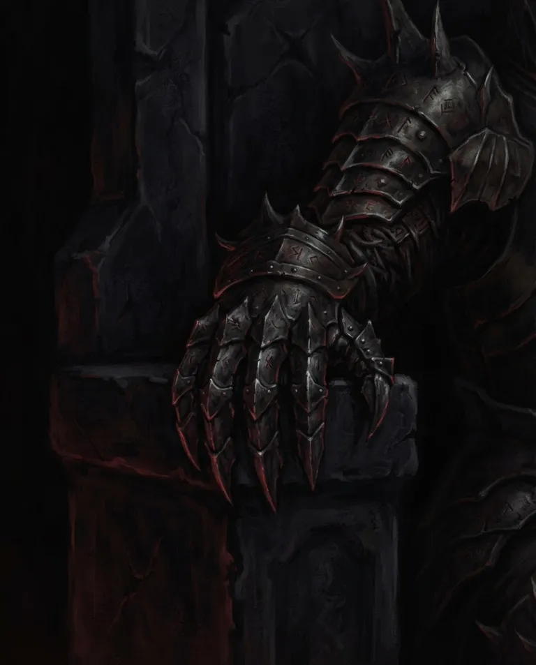 Western RPG fantasy illustration, simple background: close low-angle shot of an armored dark lord's gauntleted hand resting on the armrest of a black obsidian throne, faint ember light tracing the clawed metal fingers while shadow swallows the rest. Dim red under-glow against near-black. Menacing, quiet, smoldering crimson palette. No text, no watermark.