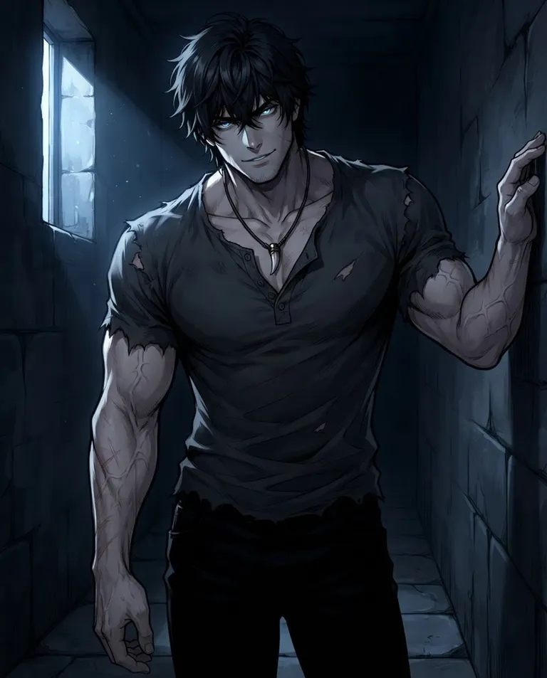Polished manhwa character art, simple background: low-angle shot of Silas, a young adult man in his early thirties with shaggy black hair, piercing ice-blue eyes, tall and heavily muscled with pale skin and faint scars across one forearm, wearing a torn dark grey henley and black trousers, a leather cord necklace with a single wolf fang, looming over the viewer with one hand braced against the wall and his head tilted, wearing a slow, patient half-smile and calm, unhurried eyes. Harsh moonlight from a high window casting long shadows. Menacing possessive mood, blue-black and pale-skin palette. No text, no watermark.