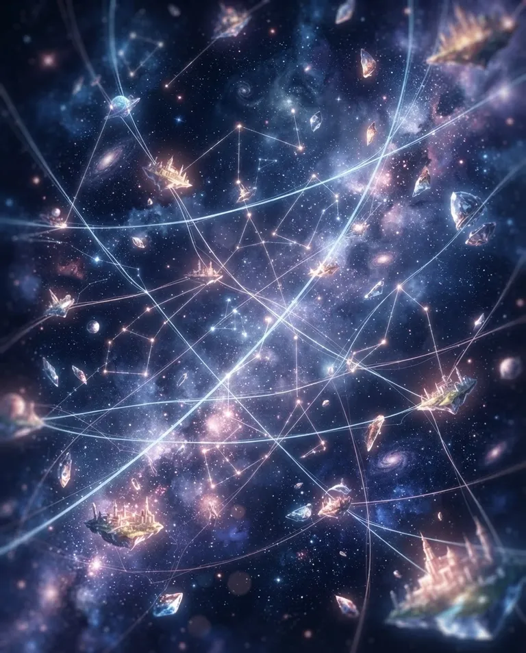 Modern anime key visual, simple background: close atmosphere shot of glowing story-threads and constellations weaving between drifting shards of different worlds, like a web of destinies in the void. Soft luminous starlight. Dreamlike, mysterious mood, indigo, silver, and rose palette. No text, no watermark.