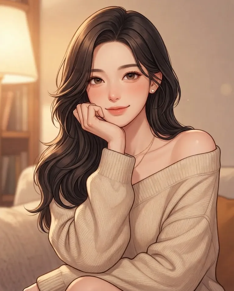 Polished manhwa character art, simple background: close portrait of Yuna, a young adult woman with long dark-brown hair swept over one shoulder and brown eyes, fair skin and a slender build, wearing an oversized cream sweater slipping off one shoulder over black leggings, small pearl stud earrings, resting her chin on her hand with a gentle listening smile and a faint blush. Warm close lamp glow on her face. Intimate blush-and-honey palette. No text, no watermark.