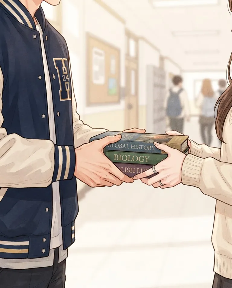 Polished manhwa character art, simple background: close detail shot of two hands passing a stack of textbooks between them in a school hallway, a navy-and-white varsity hockey jacket sleeve visible on one arm. Bright soft daylight. Warm, tender everyday palette of navy and cream. No text, no watermark.