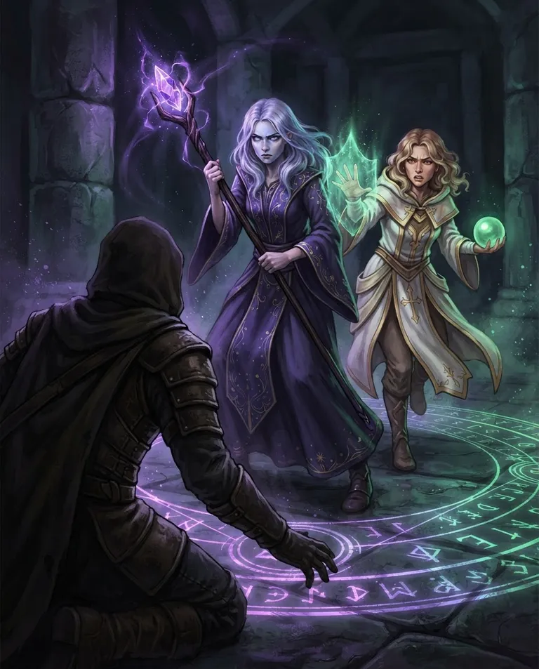 Western RPG fantasy illustration, simple background: over-the-shoulder shot from behind a kneeling shadowed figure on cold stone as Raine, the mage, a young adult woman with long silver-lavender hair and glowing pale-blue eyes, wearing deep-purple arcane robes and holding a crystal-topped staff, her face set in cold concentration, levels her staff, and Liana, the healer, a young adult woman with soft wavy blonde hair and amber eyes, wearing white-and-gold healer's robes and holding a glowing green orb, her expression tense and resolute, raises a protective ward, both closing in among glowing runes. Crackling arcane light casting long shadows. Tense violet-and-emerald palette, a mood of a trap snapping shut. No text, no watermark.