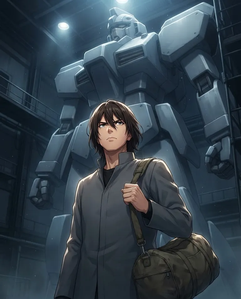 Modern anime key visual, simple background: waist-up shot of a young adult outsider cadet in a plain unmarked academy uniform with no crest, duffel slung over one shoulder, looking up with quiet burning determination at a towering mecha training frame that fills the space above, its armor plating smooth and completely unmarked. Hard rim light from bay floodlights. Underdog resolve, steel-grey palette with a warm skin-tone glow. No text, no letters, no numbers, no writing anywhere in the image, no watermark.