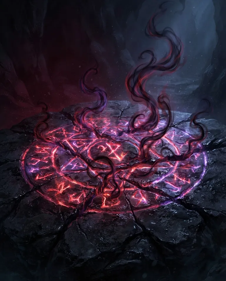 Western RPG fantasy illustration, simple background: close detail shot of intricate arcane runes glowing hot on cracked black stone, dark tendrils of newly awakened demonic energy curling up from the carvings into the cold cavern air. Pulsing red-and-violet magical glow against deep shadow. Ominous crimson-and-indigo palette, a mood of dark power stirring. No text, no watermark.