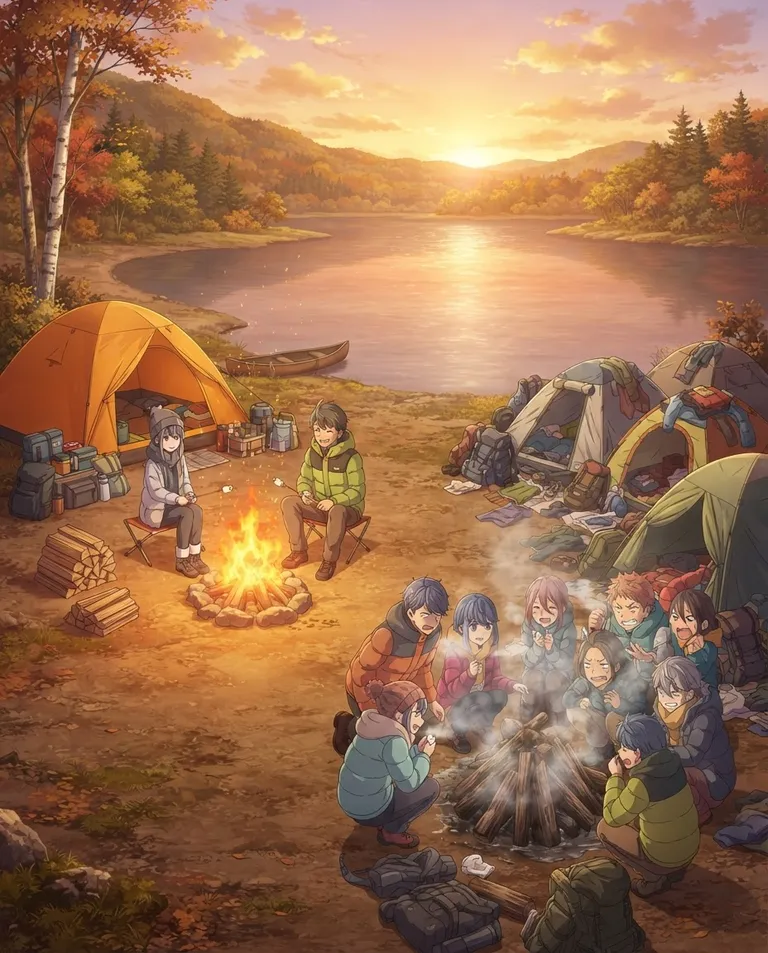 Modern anime key visual, simple background: wide establishing shot of Blackpine Lake at golden hour, one tidy well-organized campsite with a strong roaring fire beside five messy neighboring tents where ten bickering young adult campers huddle around a smoking, soaked woodpile. Golden-hour rim light off the calm water. Warm, comedic, inviting autumn palette. No text, no watermark.