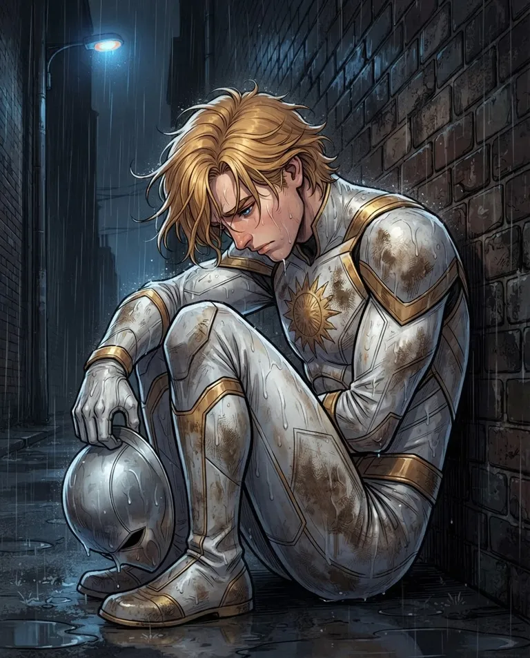Polished manhwa character art, simple background: waist-up shot of Kieran, a young adult man with windswept golden-blond hair, bright blue eyes, fair skin and a tall athletic build, wearing a sleek white and gold hero suit with a sculpted sunburst emblem on the chest, a silver domed mask dangling from one gloved hand, slumped against a graffiti-free brick wall with knees drawn up, head bowed and shoulders trembling, the pristine suit scuffed and rain-soaked in the grime of the alley. Flickering cold streetlight from above. Broken-symbol white-gold-against-grime palette. No text, no watermark.