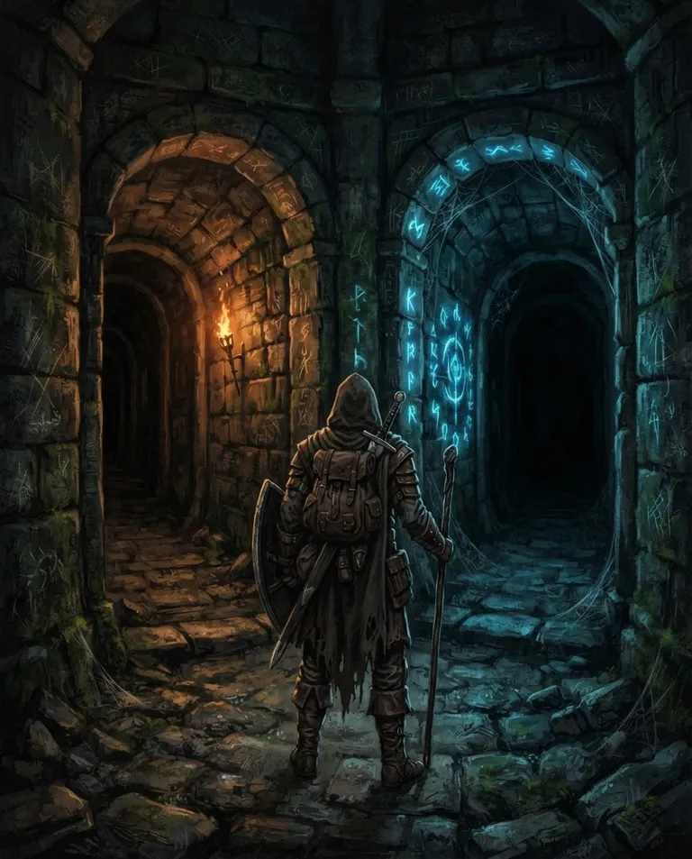 Western RPG fantasy illustration, simple background: over-the-shoulder shot from behind a lone hooded adventurer stepping toward a branching dungeon fork, each path descending into darkness, glowing arcane sigils pulsing on the walls. Cold blue magical light against warm torch flame. Foreboding, sadistic dungeon atmosphere. No text, no watermark.
