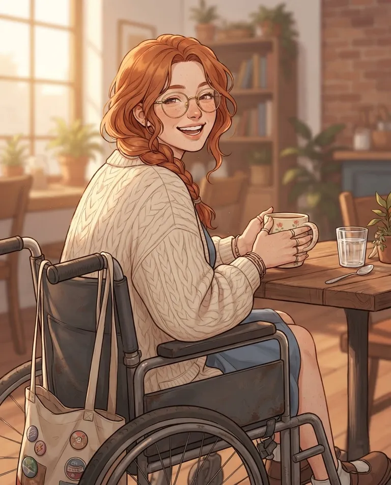 Polished manhwa character art, simple background: over-the-shoulder shot of Bonnie, a young adult woman with wavy copper hair in a loose braid over one shoulder, warm hazel eyes behind round gold-rimmed glasses, fair freckled skin and a small soft build, wearing an oversized cream cable-knit cardigan over a dusty-blue dress, seated in a well-worn manual wheelchair with a canvas book bag hanging from its side, laughing softly at something the viewer said, both hands wrapped around a warm mug across the cafe table, at ease. Warm late-afternoon light through the window. Soft caramel-and-dusty-blue palette. No text, no watermark.