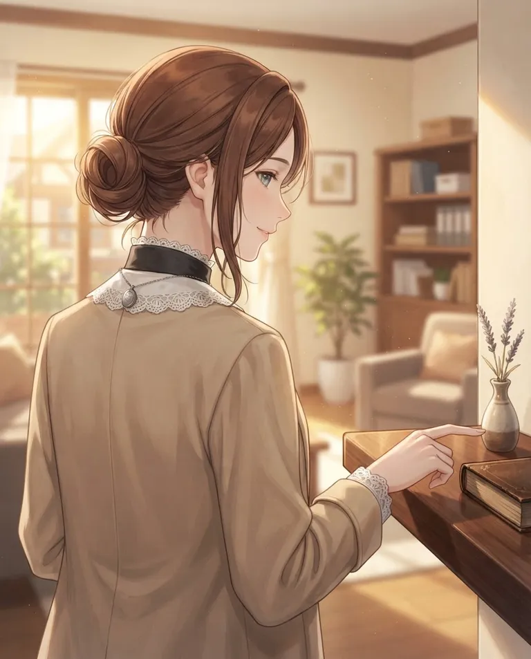 Modern anime key visual, simple background: over-the-shoulder shot of Nella, a young adult woman with long chestnut hair pinned into a neat low bun with a few loose strands, cool grey-green eyes, fair skin and a slim upright build, wearing a faded black high-collared maid-style dress with a carefully mended white lace collar and cuffs under a travel-worn beige coat, a small silver locket on a chain at her throat, quiet satisfied poise softening her face, running a fingertip along a spotless shelf in a sunlit living room she has just finished cleaning. Warm afternoon window light. Calm honey-and-cream palette. No text, no watermark.