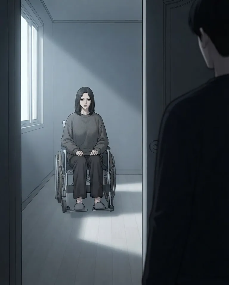 Polished manhwa character art, simple background: over-the-shoulder shot from behind the viewer standing in a doorway, facing a young adult woman with ash-black hair cut bluntly at the jaw and parted in the center above a bare forehead with no fringe, flat dark brown eyes, pale washed-out skin and a thin frame, wearing a shapeless grey knit sweater over loose charcoal trousers and thin house slippers, seated in a plain steel manual wheelchair with worn rubber hand rims, across the length of a small bare room, her composed face lifted to meet the viewer's stare, the empty space between them heavy and still. Cold window light cutting between the two figures. Confrontational slate-and-white palette. No text, no watermark.