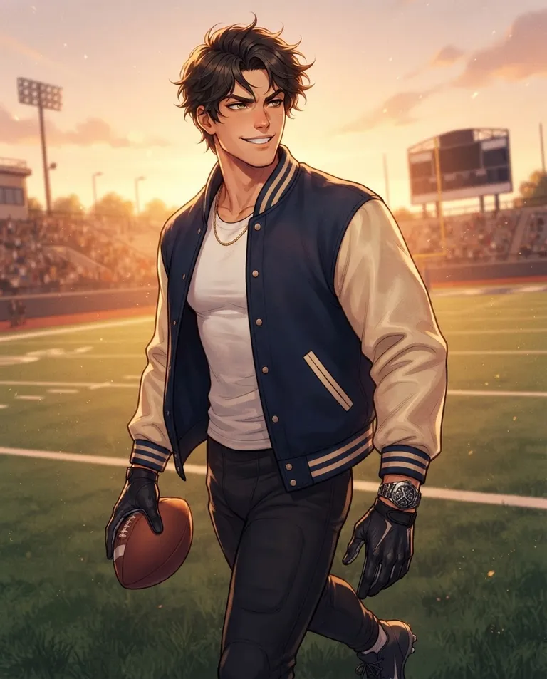 Polished manhwa character art, simple background: low-angle shot of Sterling, a young adult man with tousled dark-brown hair and sharp hazel eyes, tall athletic broad-shouldered build, wearing the same unzipped navy-blue-and-cream varsity letterman jacket over a fitted white tee with a gold chain and an expensive watch, in a football stadium as a star wide receiver, gazing back over his shoulder with a smug triumphant grin. Golden-hour rim light across the field. Warm cinematic palette. No text, no letters, no numbers, no writing anywhere in the image, no watermark.