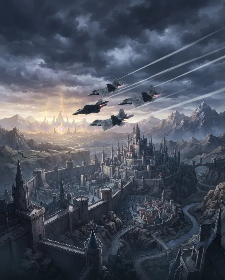 Modern anime key visual, simple background: wide establishing shot of four modern fighter jets in tight formation streaking low over a vast medieval fortress landscape, stone battlements and spired keeps below, contrails cutting across a bruised sky as a faint arcane light glows on the horizon. Cold morning light with a strange magical glow. Epic, uneasy, slate-and-gold palette. No text, no watermark.