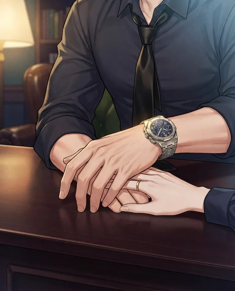 Polished manhwa character art, simple background: close detail shot of a man's wrist wearing an expensive silver watch and a loosened silk tie, hand resting possessively over another person's hand on a polished dark desk. Warm lamplight and soft window glow. Tender possessive palette of gold and deep blue. No text, no watermark.