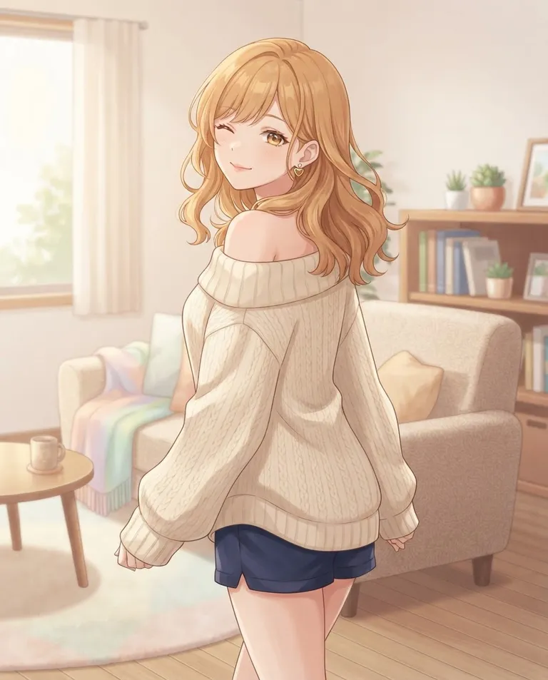 Modern anime key visual, simple background: over-the-shoulder shot of Riina, a young adult woman with shoulder-length wavy honey-blonde hair and amber eyes, fair skin and slim curvy build, wearing an oversized off-shoulder cream sweater and the same short solid dark sleep shorts, a small heart-shaped stud earring, glancing back over her bare shoulder with a flirty teasing wink in a cozy living room. Soft afternoon light. Warm inviting pastel palette. No text, no letters, no numbers, no writing anywhere in the image, no watermark.