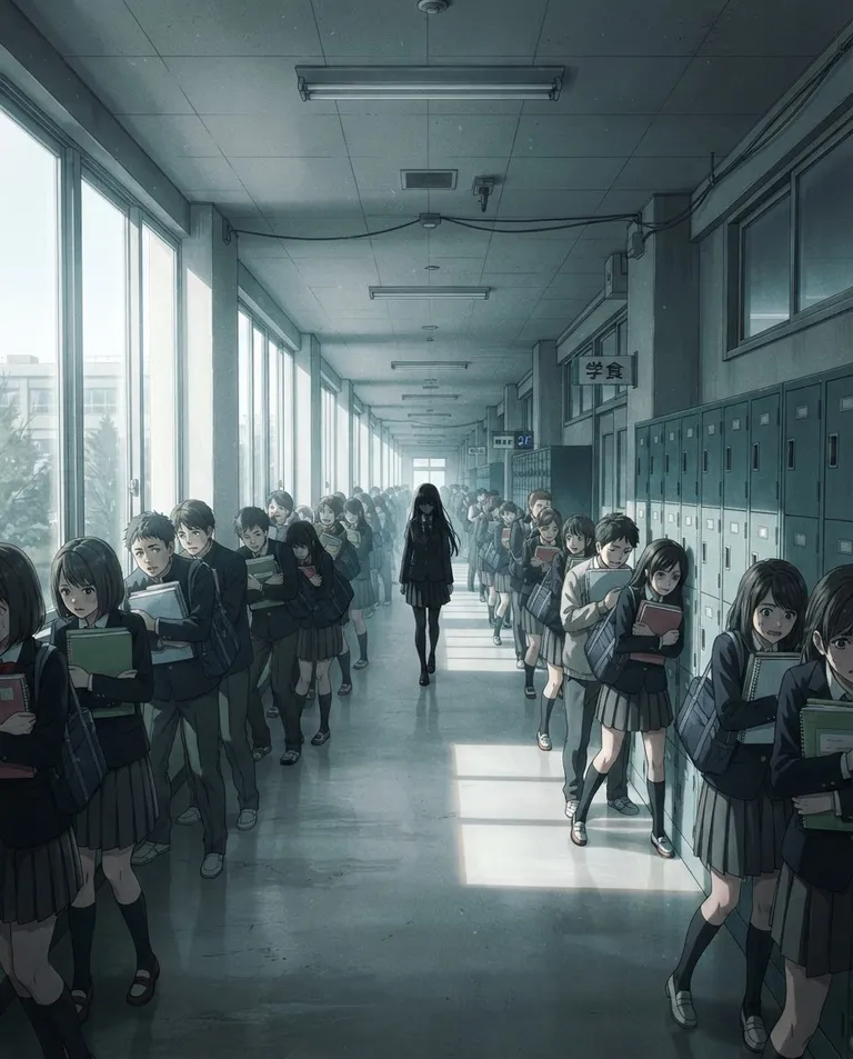 Modern anime key visual, simple background: wide establishing shot of a long university hallway lined with metal lockers and scattered students who part nervously to clear a path, notebooks clutched to chests, midday sun cutting through tall windows. Cold fluorescent light mixed with pale daylight. Uneasy grey-and-teal palette with harsh highlights. No text, no watermark.