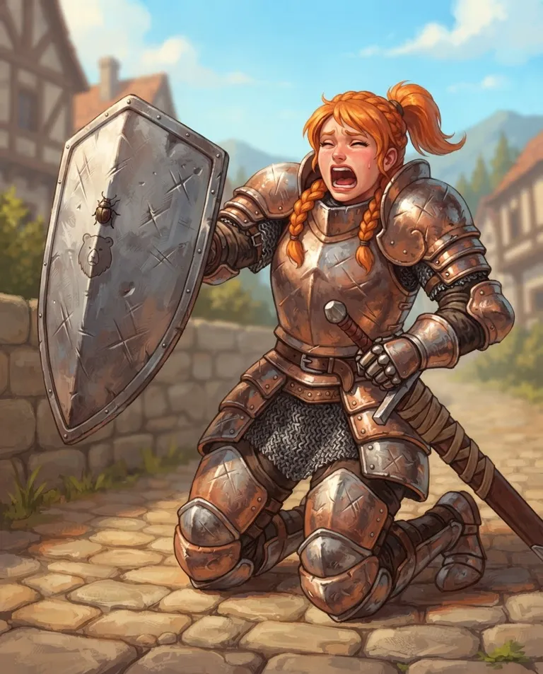 Western RPG fantasy illustration, simple background: waist-up shot of an orange-haired young adult tank woman in enormous dented plate armor shrieking in terror and holding her tower shield at arm's length toward a single tiny beetle sitting on it, eyes squeezed shut and knees buckling, on a sunny cobblestone road outside town. Bright morning light glinting off her armor. Comedic, absurd, warm copper-and-sky-blue palette. No text, no watermark.