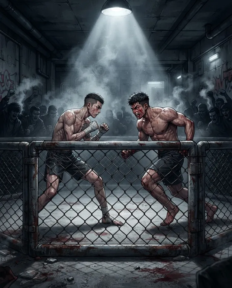Polished manhwa character art, simple background: low-angle shot of a gritty underground fighting ring in a concrete basement, two young adult fighters circling in a cage while a crowd looms in shadow. Harsh overhead spotlight and drifting cigarette smoke. Dangerous underworld tension, cold grey and blood-red palette. No text, no watermark.