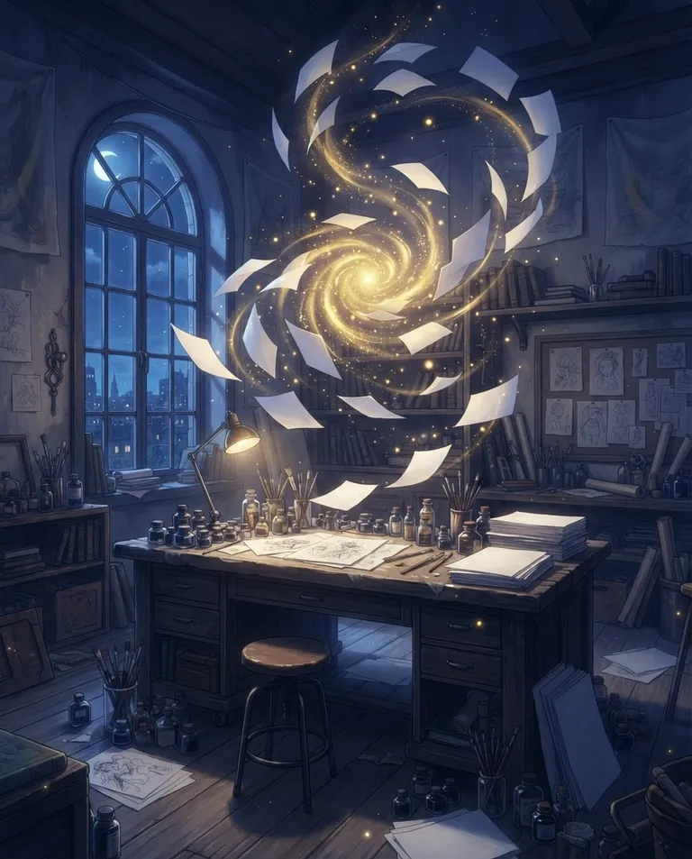 Modern anime key visual, simple background: wide establishing shot of an artist's studio at night, a wooden desk crowded with inkwells, brushes and blank paper, dozens of blank sheets drifting weightlessly through the air as motes of golden light spiral toward a bright forming glow above the desk. Cool moonlight through a tall window mixed with warm golden sparks. Dreamlike indigo-and-gold palette. No text, no letters, no numbers, no writing anywhere in the image, no watermark.