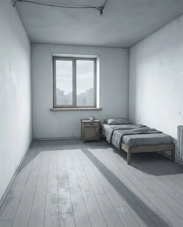 Polished manhwa character art, simple background: wide establishing shot of a small bare apartment interior, one curtainless window with flat white daylight, empty walls, a narrow bed with a thin folded blanket, a single cup on a small table, long still shadows across a scuffed floor. Cold even overcast light. Silent bone-white-and-grey palette. No text, no watermark.