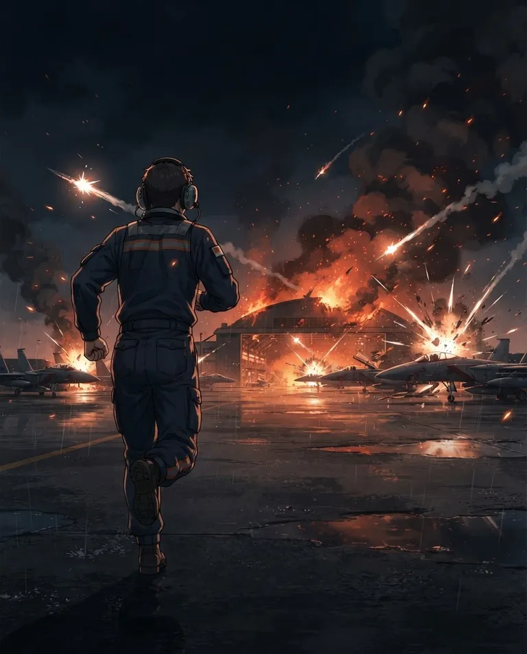 Modern anime key visual, simple background: over-the-shoulder shot from behind a young adult ground crewman frozen mid-run on the tarmac, watching burning hangars collapse and rows of parked jets shatter under missile strikes, debris and sparks streaking the air. Blinding blast flashes against deep night shadow. Chaotic, grieving, ember-and-ash palette. No text, no watermark.