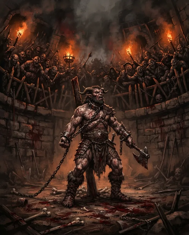 Western RPG fantasy illustration, simple background: low-angle shot of a grim underground fighting pit ringed by a jeering torchlit crowd, a chained half-beast gladiator standing defiant in the dirt arena. Harsh orange torch glare and heavy shadow. Brutal, oppressive mood, soot-black and blood-red palette. No text, no watermark.