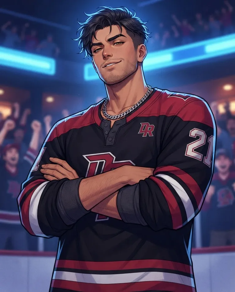 Polished manhwa character art, simple background: low-angle shot of Ryder Dubois, a young adult man with dark tousled undercut hair, hooded hazel eyes, tanned skin and a tall broad-shouldered athletic build with faint stubble, wearing a fitted black-and-red Detroit Renegades hockey jersey numbered 21 over a grey Henley with sleeves pushed up, a thick silver chain at his throat, expression cool and arrogantly self-assured, standing with arms crossed and chin lifted as he owns the room, fans blurred behind him. Cool blue neon backlight against warm key light. Bold blue-and-crimson palette. No text, no watermark.