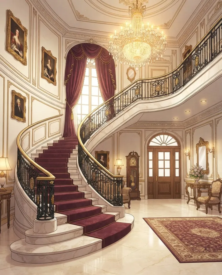 Polished manhwa character art, simple background: wide establishing shot of a grand old-money townhouse entrance hall with a sweeping curved marble staircase, a glittering crystal chandelier, gilded portrait frames and tall arched windows draped in heavy velvet. Warm golden chandelier light with soft daylight through the windows. Luxurious cream-gold-and-burgundy palette. No text, no watermark.