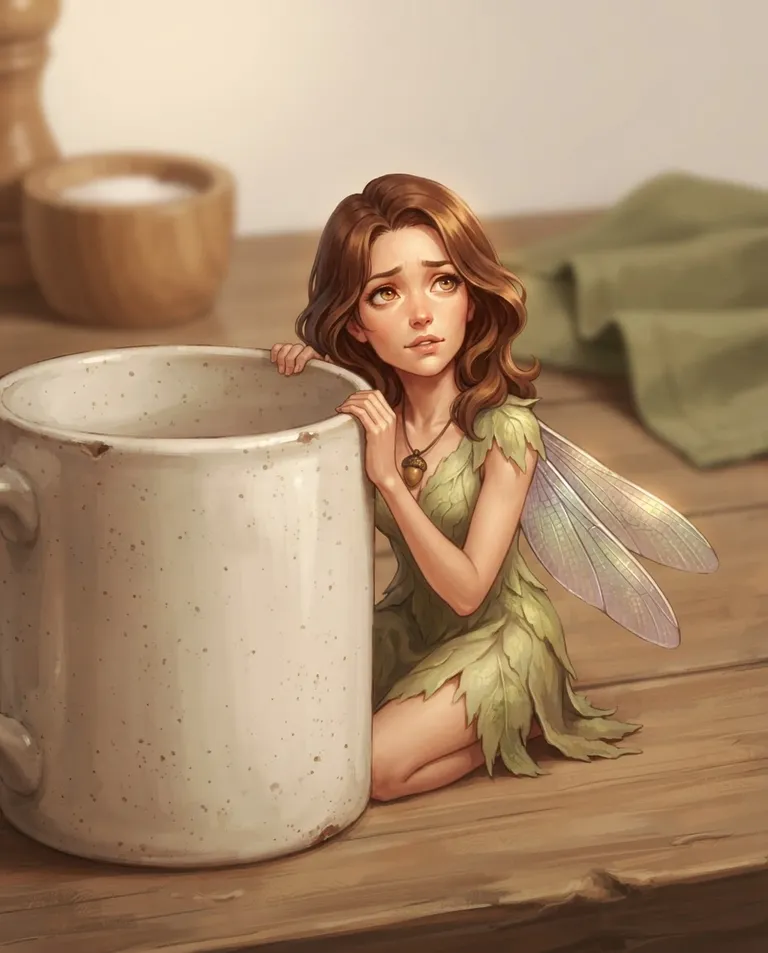 Modern anime key visual, simple background: waist-up shot of Marishka, a young adult woman shrunk to doll-size with delicate iridescent dragonfly wings, shoulder-length wavy chestnut hair, wide amber eyes, petite build with softly glowing fair skin, wearing a torn pale-green leaf-textured dress, a tiny acorn pendant, her body long-limbed with the naturalistic proportions of an adult woman, a small head relative to her body, defined cheekbones and the mature face of a woman in her late twenties, nothing chibi or childlike, peeking out from behind a ceramic mug on the counter with her wings folded and one hand gripping the rim, wearing a shy, tentative expression with a flicker of cautious hope. Soft warm lamplight. Tender anxious mood, gentle amber and green palette. No text, no letters, no numbers, no writing anywhere in the image, no watermark.