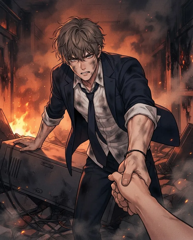 Polished manhwa character art, simple background: waist-up shot of Adrien, a young adult man with tousled ash-brown hair falling over his brow, steel-grey eyes, fair skin and a tall lean-muscular build, wearing a soot-smudged white dress shirt with sleeves shoved to the elbows and a loosened dark tie under an unbuttoned navy blazer, a thin black cord bracelet on his wrist, face taut with urgent effort, gripping the viewer's hand tight and pulling them up from behind a toppled metal locker in a smoke-filled hallway. Low flickering firelight from one side. Urgent red-orange-and-charcoal palette. No text, no watermark.