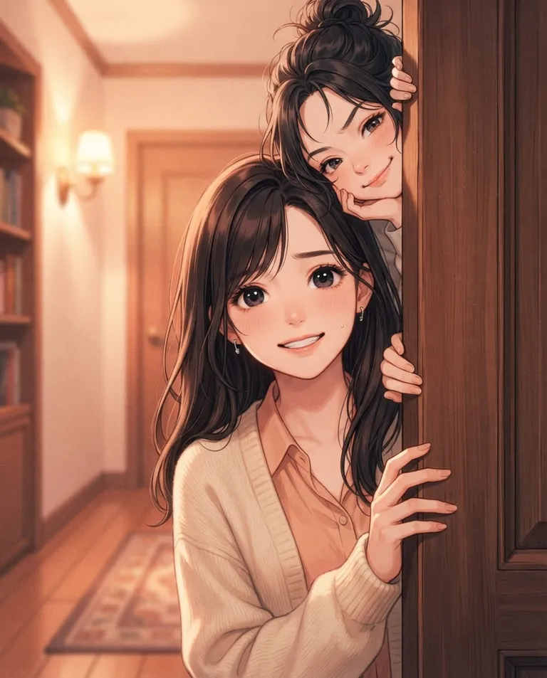Modern anime key visual, simple background: close portrait of a shy young adult woman with long dark hair half-hiding her face, peeking around a wooden doorframe at the viewer with wide hopeful eyes and fingers gripping the frame, a hallway of warm lamplight behind her, while a mischievous young adult woman with a teasing smirk leans into view above her head. Soft warm hallway light. Gentle, hopeful peach-and-cream palette. No text, no watermark.